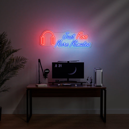 Just Five More Minutes Neon Sign for Gaming Room Bedroom Humorous Decor