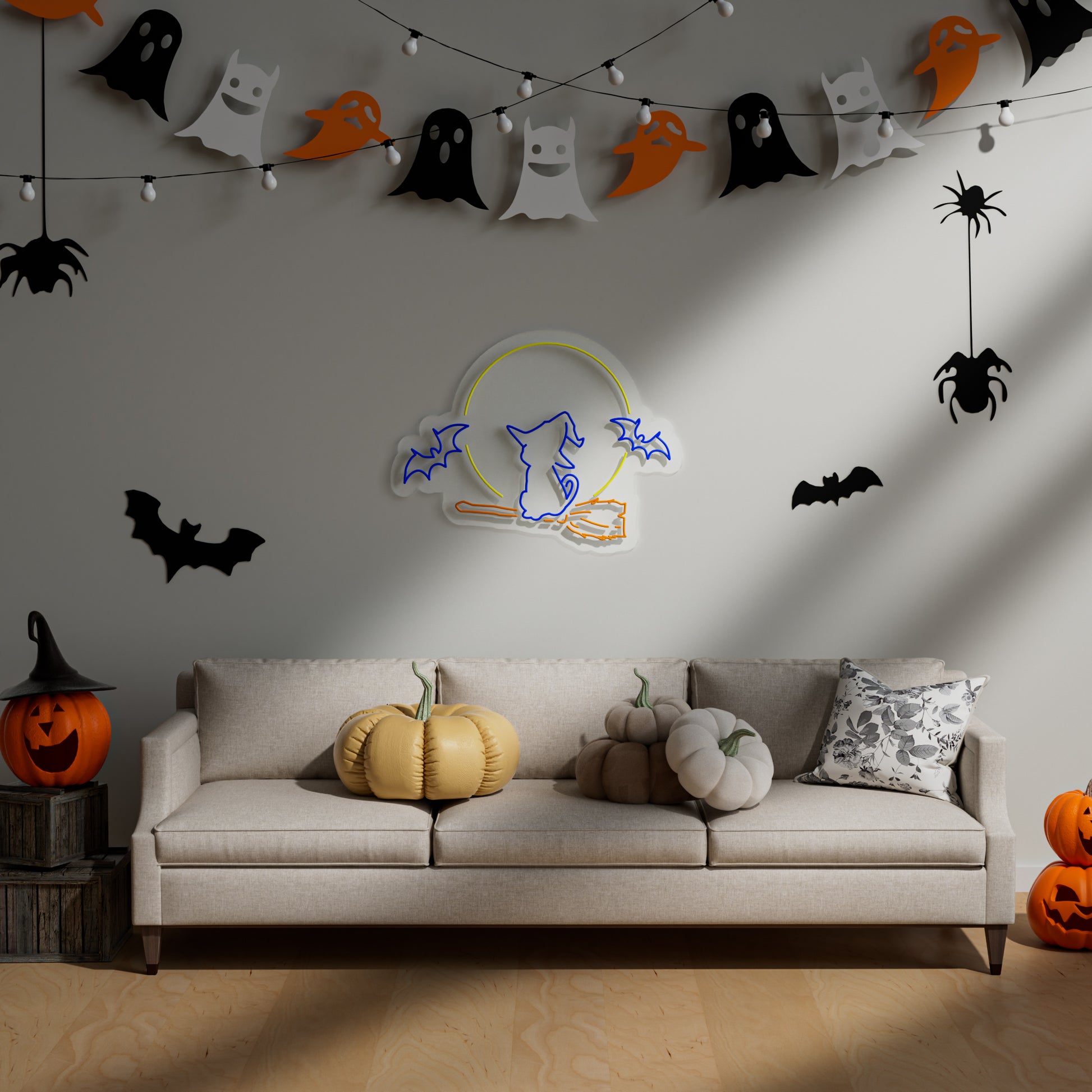 Moon & Bat & Cat Halloween Neon Sign for Bedroom Living Room Mystical Spooky Decor