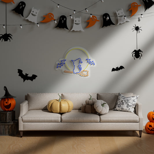 Moon & Bat & Cat Halloween Neon Sign for Bedroom Living Room Mystical Spooky Decor