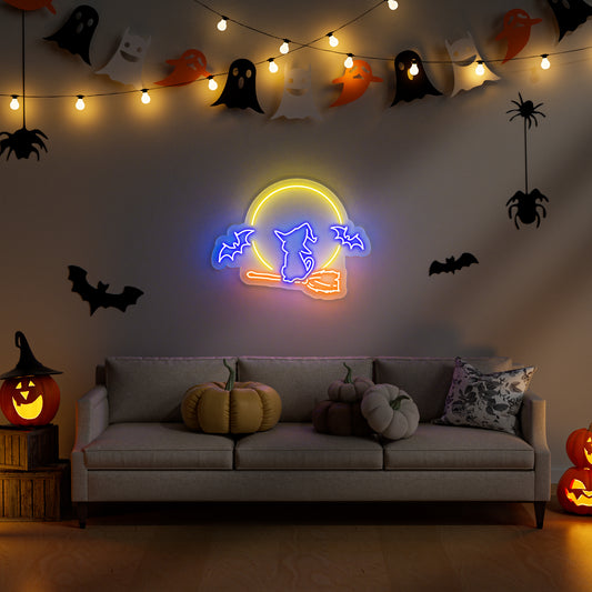 Moon & Bat & Cat Halloween Neon Sign for Bedroom Living Room Mystical Spooky Decor