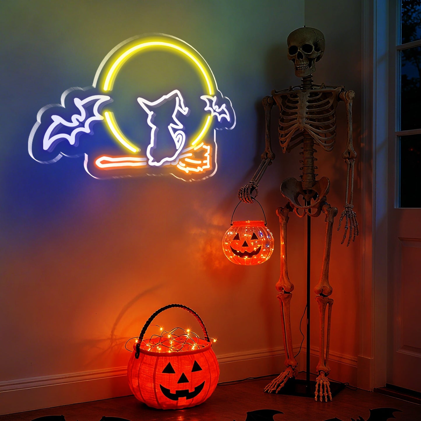 Moon & Bat & Cat Halloween Neon Sign for Bedroom Living Room Mystical Spooky Decor