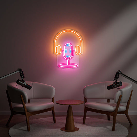 Microphone & Headphones Neon Sign for Music Studio Podcast Room Gamer Setup