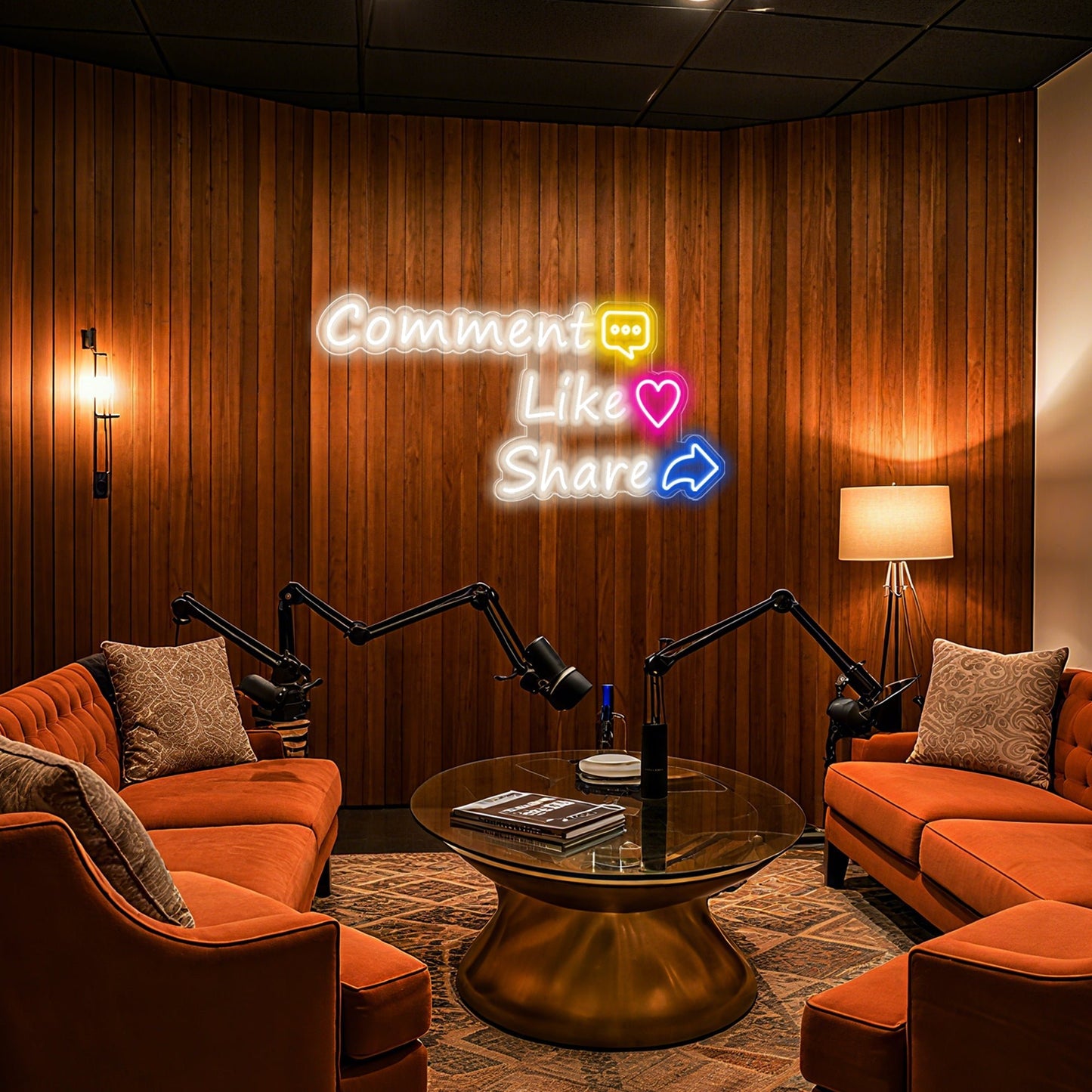 Comment Like Share Neon Sign for Social Media Content Creator Streaming Studio