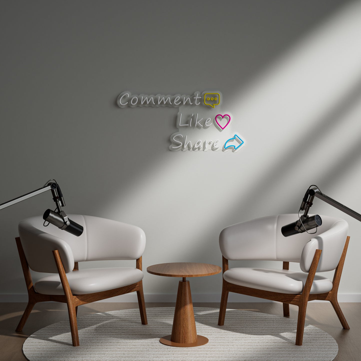 Comment Like Share Neon Sign for Social Media Content Creator Streaming Studio