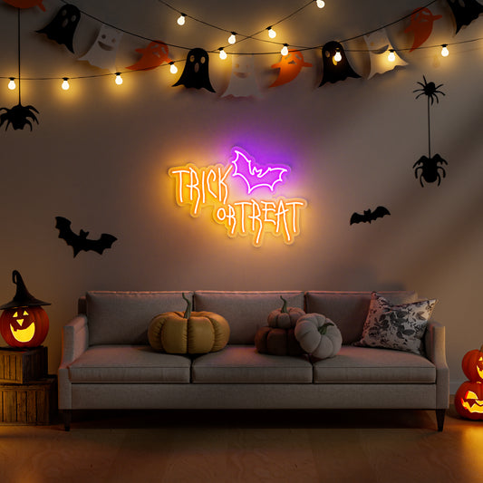 Halloween Trick or Treat Neon Sign for Front Door Party Kids Candy Decor