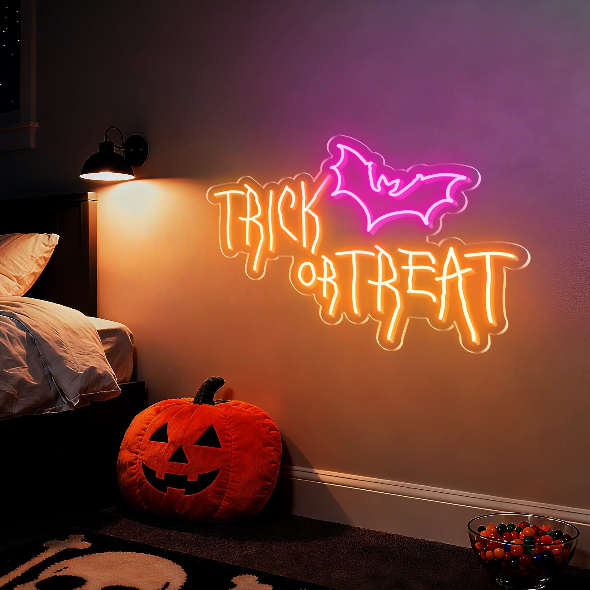 Halloween Trick or Treat Neon Sign for Front Door Party Kids Candy Decor