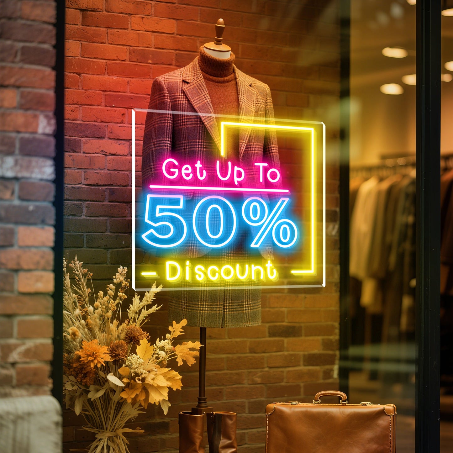 Get Up To 50% Discount Neon Sign for Retail Shop Window Sale Promotion