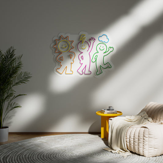 Three Weather Guys Neon Sign for Kids Room Nursery Playroom Whimsical Decor