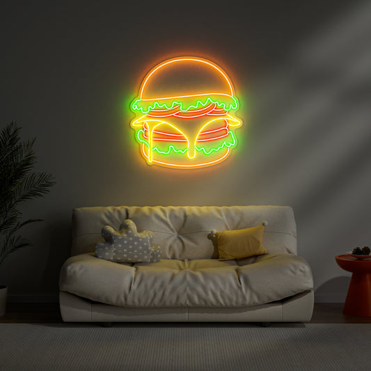 Burger Neon Sign for Kitchen Home Bar Game Room Fast Food Decor