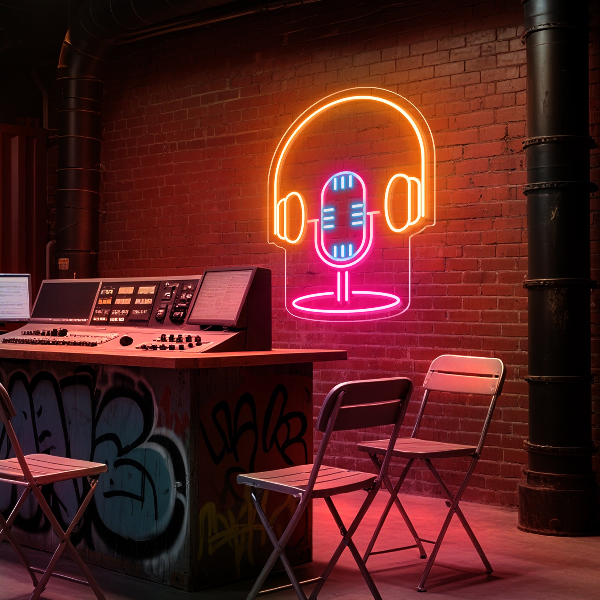 Microphone & Headphones Neon Sign for Music Studio Podcast Room Gamer Setup
