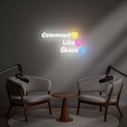 Comment Like Share Neon Sign for Social Media Content Creator Streaming Studio