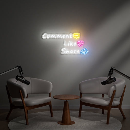 Comment Like Share Neon Sign for Social Media Content Creator Streaming Studio