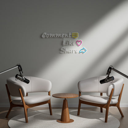 Comment Like Share Neon Sign for Social Media Content Creator Streaming Studio