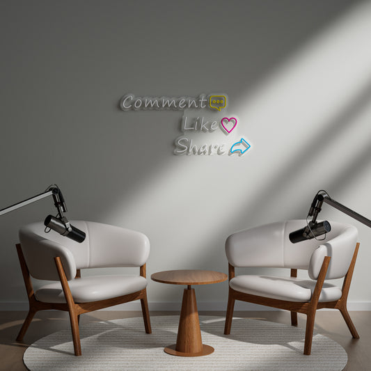 Comment Like Share Neon Sign for Social Media Content Creator Streaming Studio