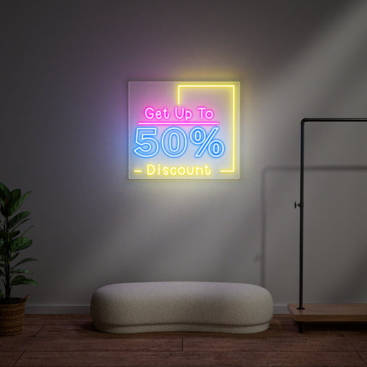 Get Up To 50% Discount Neon Sign for Retail Shop Window Sale Promotion