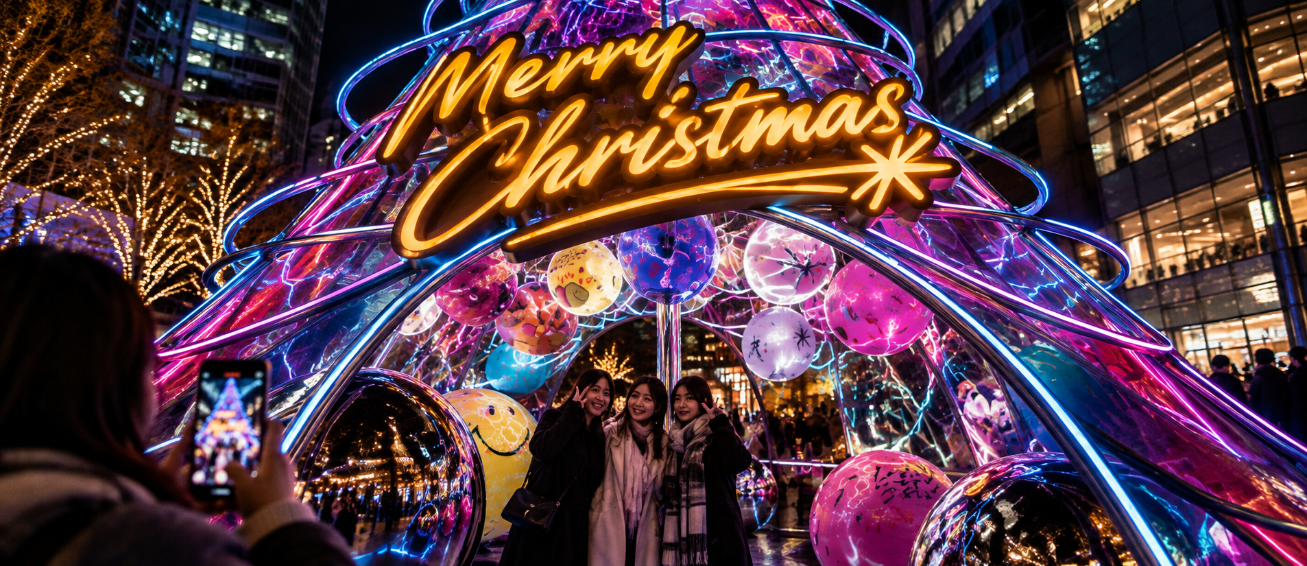 A colorful Merry Christmas neon installation at an outdoor holiday event