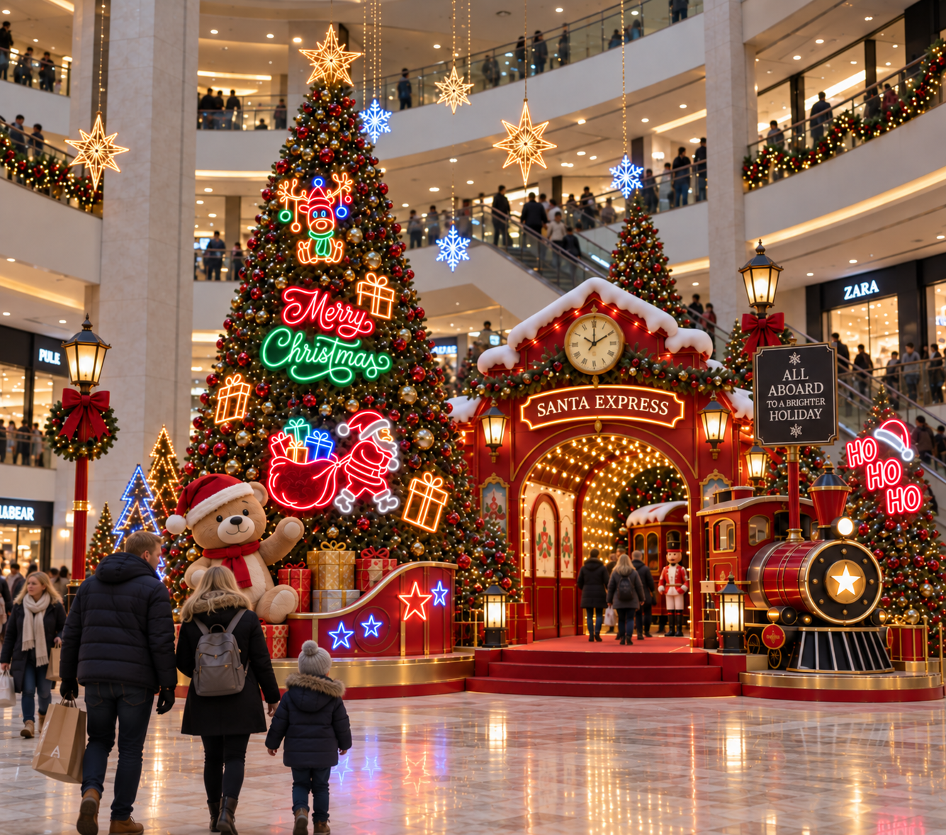 A shopping mall filled with Christmas neon displays and seasonal decorations