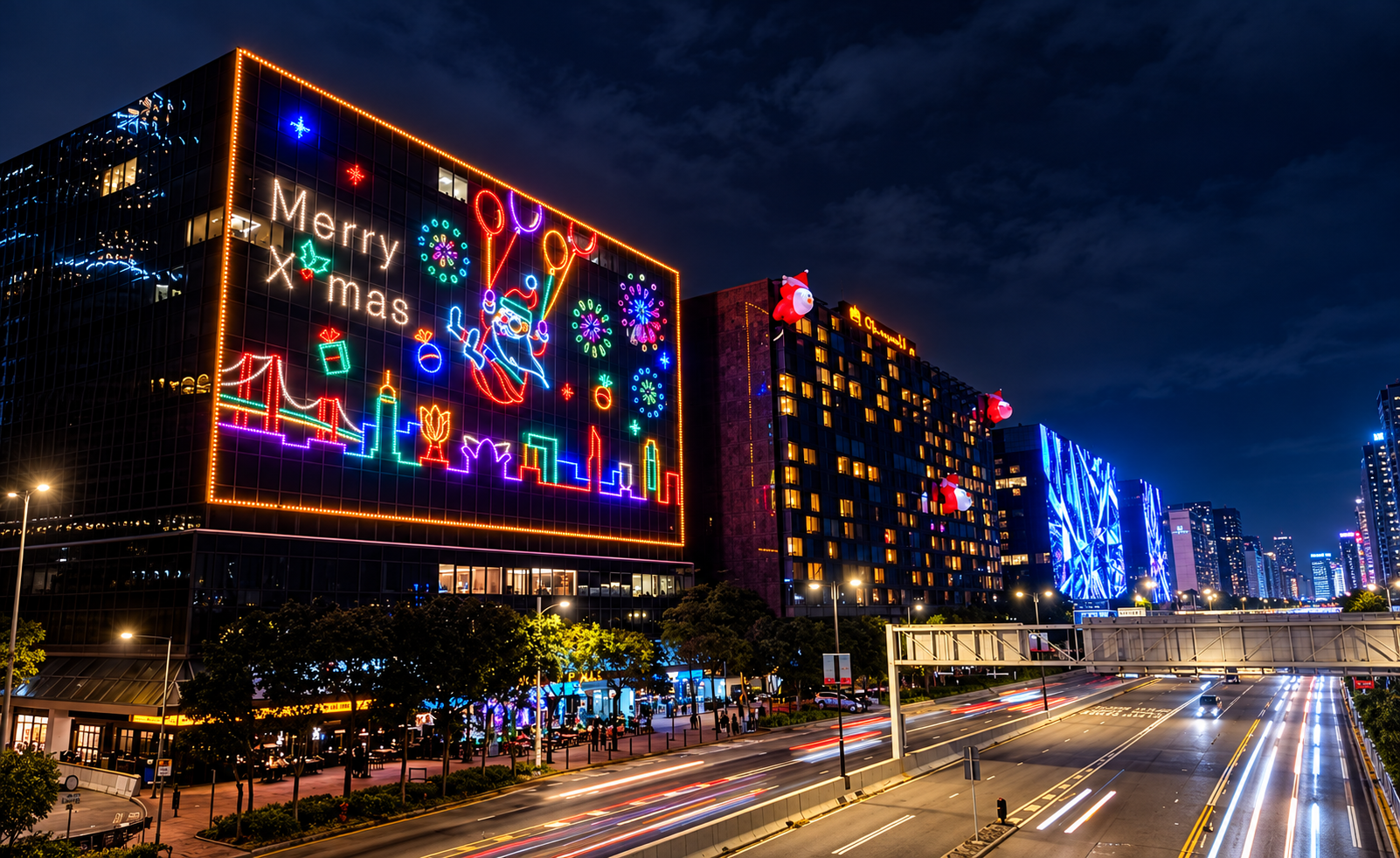 Christmas neon lighting on a shopping center facade at night