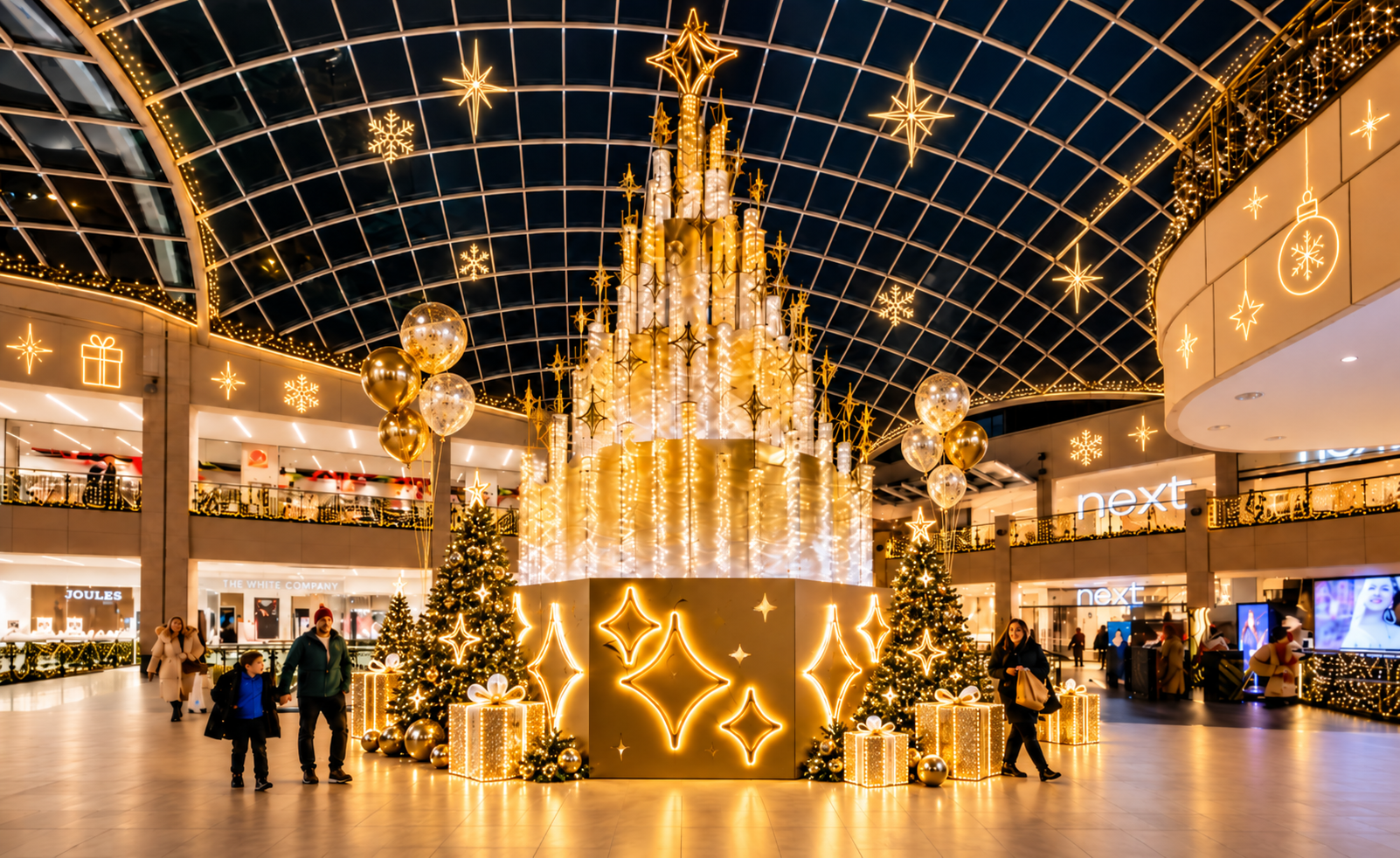 A golden holiday installation in a shopping mall atrium