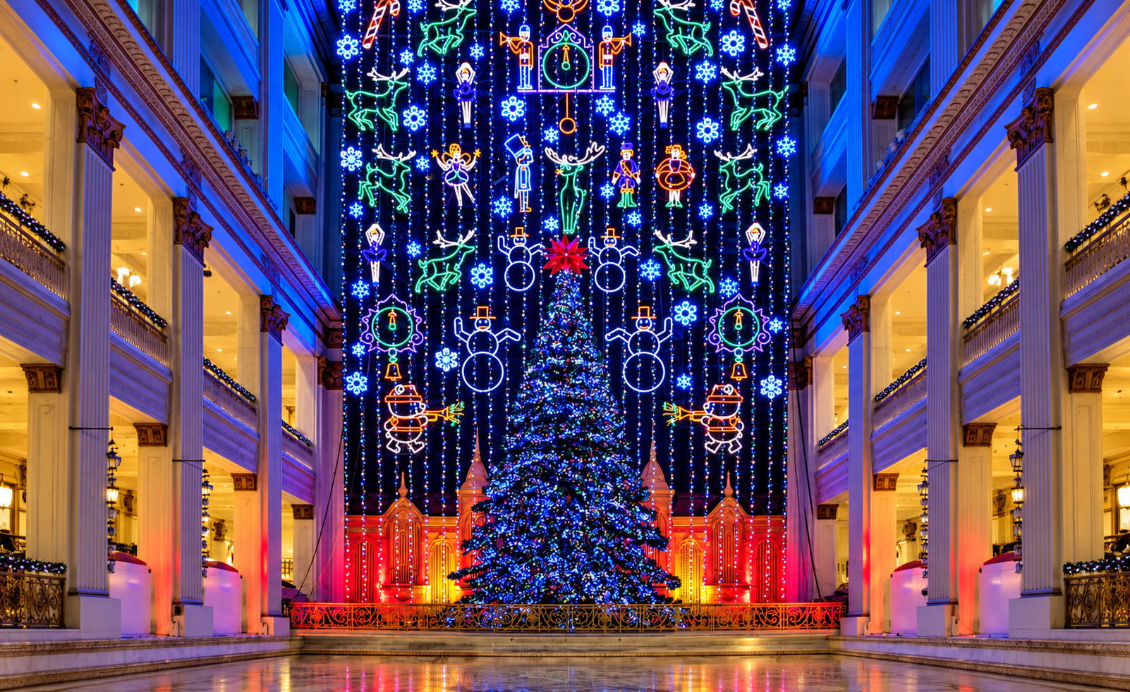 Festive neon installation in a shopping mall