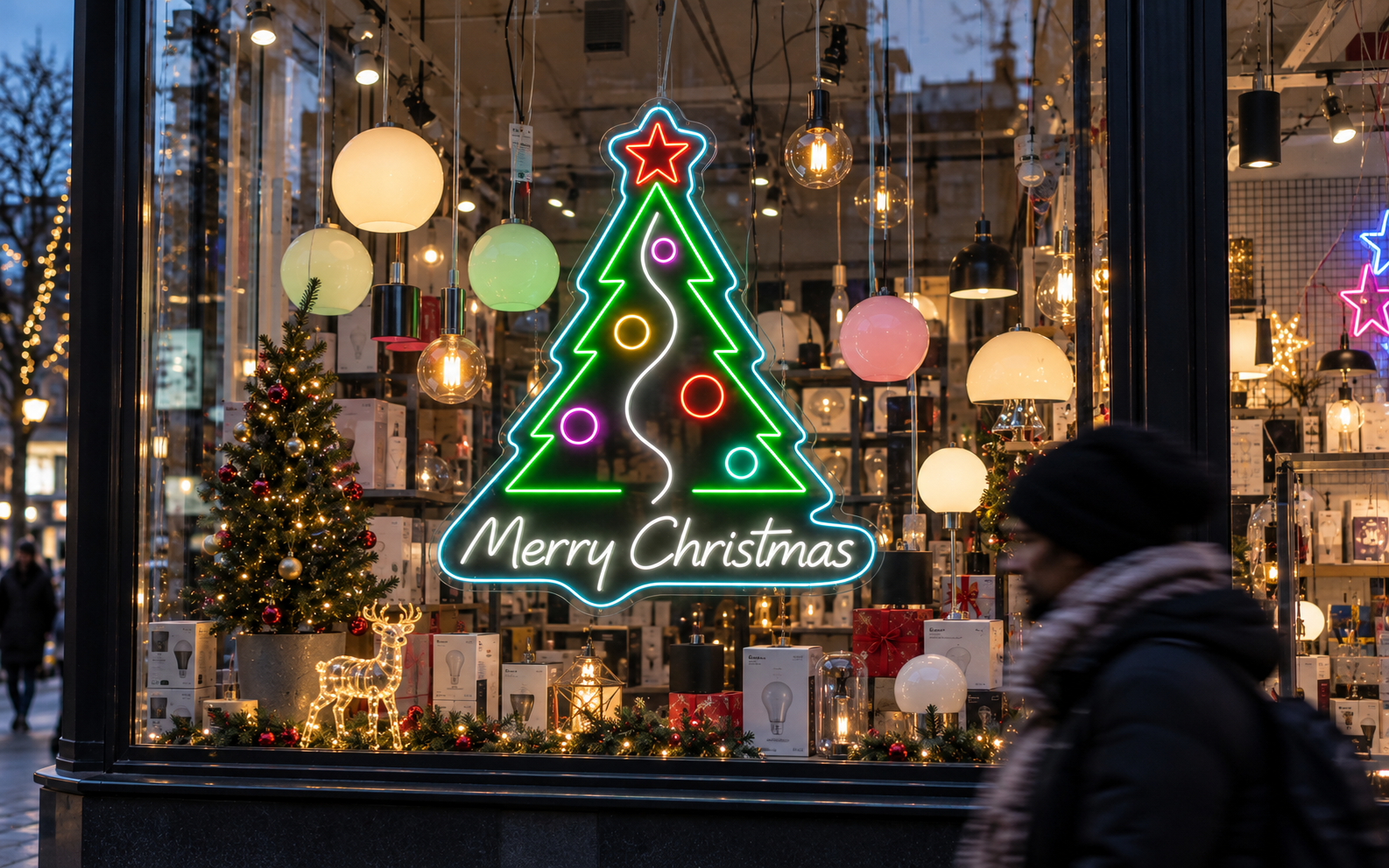 Christmas tree neon sign in a storefront
